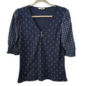 Lucky Brand Large Blue Floral Smocked Sleeve Top Boho Cottagecore Blouse